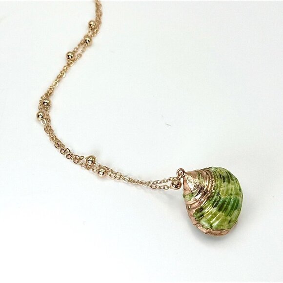 New Real Seashell Pendant Necklace 14K Gold Plated Statement Beaded Chain - Picture 5 of 10